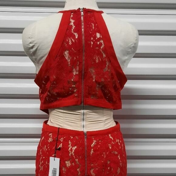 The Room Halter Mini Dress Sz Medium Red Lace Sheer Overlay Sexy Cocktail Party - Picture 7 of 10